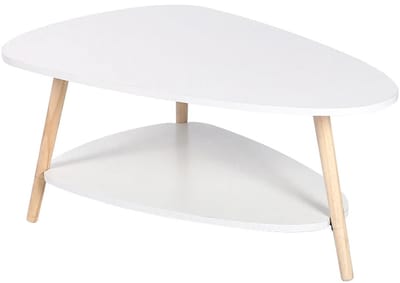 Linkforu - Salontafel - Driehoekig Design - Met Opbergplank - Wit - Houten Poten - Compact - Scandinavische Stijl