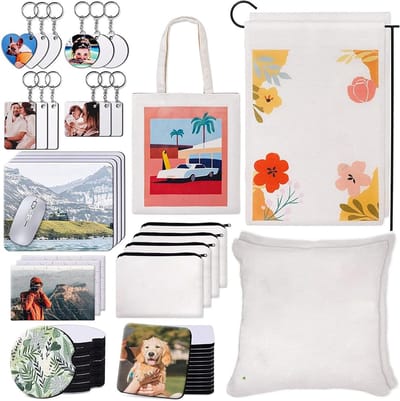 Sublimatie Set voor Warmteoverdracht - 77-delige Set voor Sleutelhanger, Make-up Tas, Kussen en Muismat