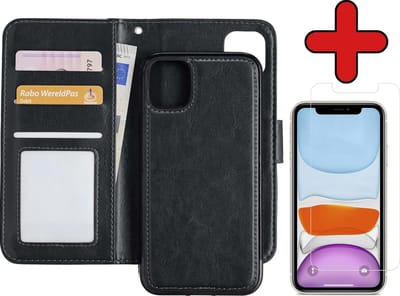 Hoesje - 2 in 1 - Geschikt voor Apple iPhone 11 - Met Screenprotector - En Uitneembare Hard Cover - Kunstleer - Bookcase - Wallet Case - Met Pasjeshouder - Book Case - Uitneembaar - Pashouder - Telefoonhoes - Zwart