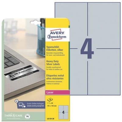 Avery-Zweckform L6134-20 Etiketten voor typeplaatjes 105 x 148 mm Polyester folie Zilver 80 stuk(s) Permanent hechtend