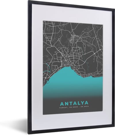 Fotolijst incl. Poster - Antalya - Stadskaart - Plattegrond - Kaart - Blauw - 30x40 cm - Posterlijst