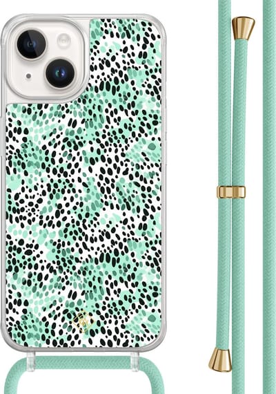 Casimoda® hoesje met mintgroen koord - Geschikt voor iPhone 14 - Luipaard Mint - Afneembaar koord - TPU/acryl - Mint