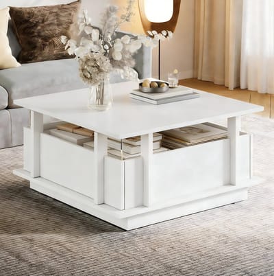 DESMIU Salontafel - Hoogglans Wit Met Led En 2 Lades - Voor Woonkamer En Kleine Ruimtes - Spaanplaat Met Acryl - 70 X 70 X 35 Cm
