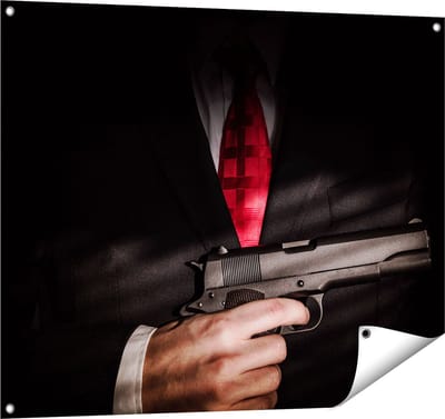 Gards Tuinposter Man van de Maffia met een Pistool Vast - 100x80 cm - Tuindoek - Tuindecoratie - Wanddecoratie buiten - Tuinschilderij