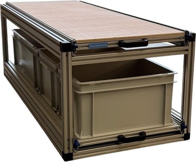 Dubbel schuifframe voor camper 120x40 cm met open bakken en houten topplaat - belastbaar 130 kg