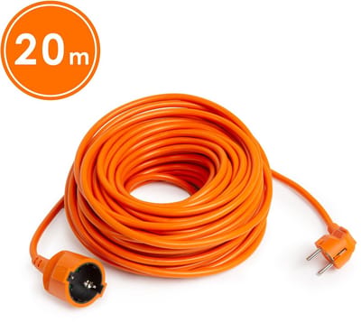 Verlengsnoer - 20 m - Oranje - 90° Stekker - CEE 7/7 naar Schuko CEE 7/4 - 3×1,5 mm² H05VV-F - 250V AC - 10/16A - Voor Huis, Kantoor & Tuin - Zware Isolatie ter Bescherming tegen Kabelbreuk [20502OR]