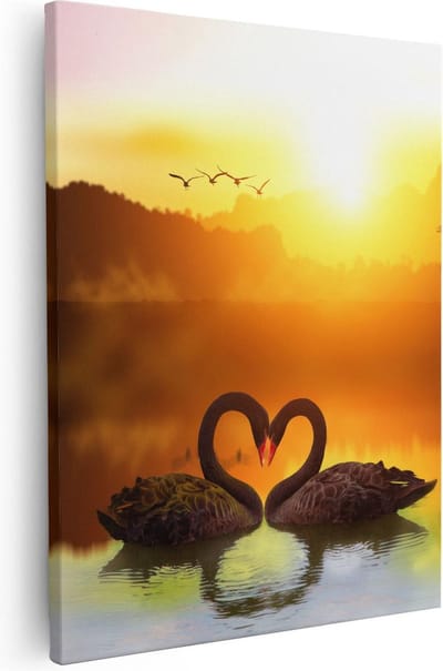 Artaza Canvas Schilderij Zonsondergang Zee - 40x50 cm - Wanddecoratie Palmboom - Muurdecoratie Zwanen - Schilderijen Op Canvas Strand