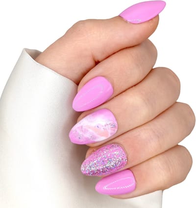 SD Press on Nails - B-142 - Plaknagels met nagellijm - XS Stiletto Kunstnagels - Pink Marble Glitter -Set 20 Kunstnagels handgemaakt van gellak - Nagellak - Handgemaakt - Kunstnagels - Korte nageltips
