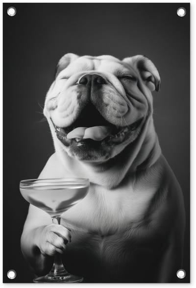 Tuinposter 40x60 cm - Tuindecoratie Buldog - Hond - Glas - Poster voor in de tuin - Buiten decoratie - Schutting tuinschilderij - Tuindoek muurdecoratie - Wanddecoratie balkondoek