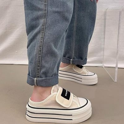 Lente Nieuwe Dikke Zool Klittenband Instapper Luie Semi Slipper Canvas Schoenen Dames Zomer Veelzijdige Witte Schoenen 40