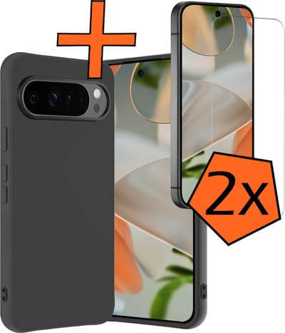 Hoes - Met 2x Screenprotector - Geschikt voor Google Pixel 9 Pro - Sterk & Shockproof - Back Cover - Siliconen Case - Telefoon Hoes - Zwart