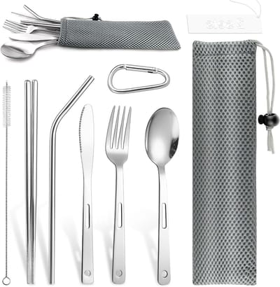 16-delige Reiskutlery Set van RVS voor Buiten, Kamperen, Picknicken en Catering met Opbergzak