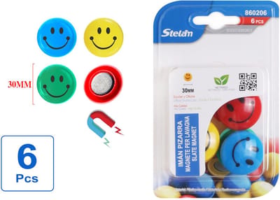 Decopatent - 6 Stuks Smiley Whiteboardmagneten - Stelam Whiteboard Magneten - 30mm Breed - Gekleurde Ronde Vrolijke gezichten magneet - Magneet voor Whiteboard, Magneetbord, Memobord, Magnetisch Tekenbord, op Koelkast - Afm: 3x3Cm -