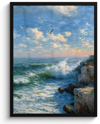 Poster in lijst - Fotolijst 60x80 cm - Posters - Zee - Golven - Rotsen - Meeuwen - Posterlijst zwart - Decoratie - Wanddecoratie woonkamer - Muurdecoratie slaapkamer