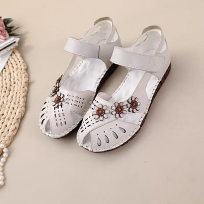 Sandalen Dames Leer Moederschoenen Rundspeeszool Lente en Zomer Stijl Vismond Bloem Holle Klittenband Antislip Zachte Zool Comfortabel 39 gray