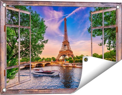 Gards Tuinposter Doorkijk Eiffeltoren in Parijs aan het Water - Kleur - 60x40 cm - Tuindoek - Tuindecoratie - Wanddecoratie buiten - Tuinschilderij