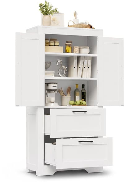 Witte landelijke keukenkast - Hoge opbergkast met lades - Kast met schuurdeur design - Voor keuken en eetkamer - 60x30x128cm Wit
