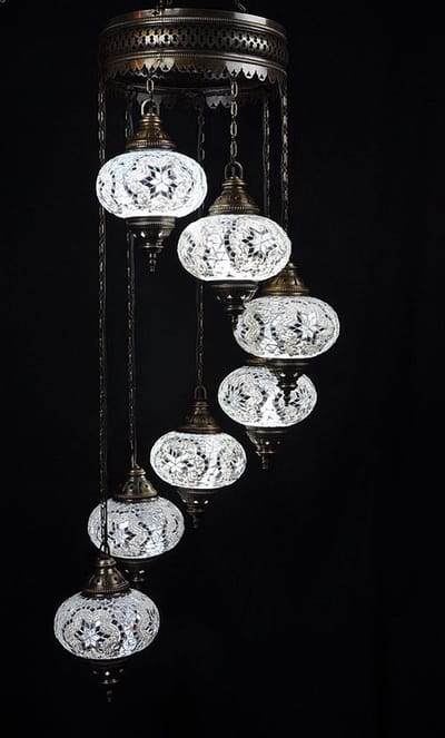 Turkse hanglamp - mozaïek glas wit - 7 bollen - hoogte 145 cm
