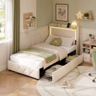 Opbergbed 90x200 cm, gestoffeerd bed met ledverlichting en USB-poort, eenpersoonsbed met twee lades, hoofdbord met opbergruimte, bedframe met stroken, fluweel, Beige