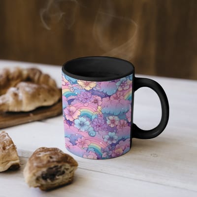 Magische Mok - Foto op Warmte Mokken - Koffiemok - Regenbogen - Bloemen - Kleurrijk - Wolken - Magic Mok - Beker - 350 ML - Theemok