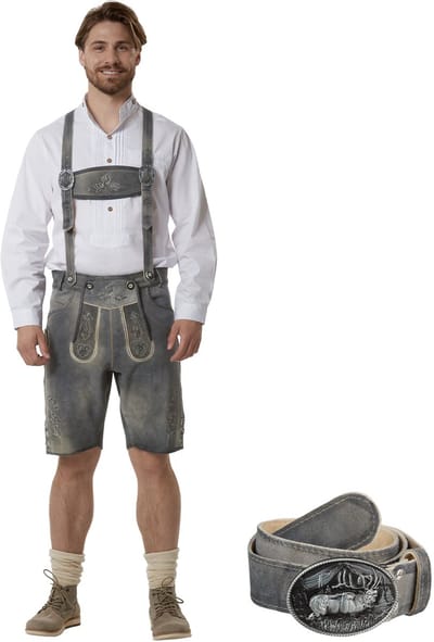 dressforfun - Authentieke Korte Lederhosen Joshua - Met Riem en Bretels - Echt Leer - Zandkleur - 52 - Oktoberfest Kleding Man - Herenkostuum - Verkleedkleding - Duitse Klederdracht - Carnavalskleding - Klederdrachtvest - Traditionele Leren Broek