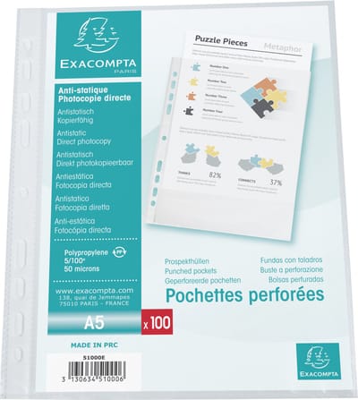Exacompta 10x Pak van 100 geperforeerde showtassen - gestructureerde PP 5/100e - A5 - Transparant - 51000E