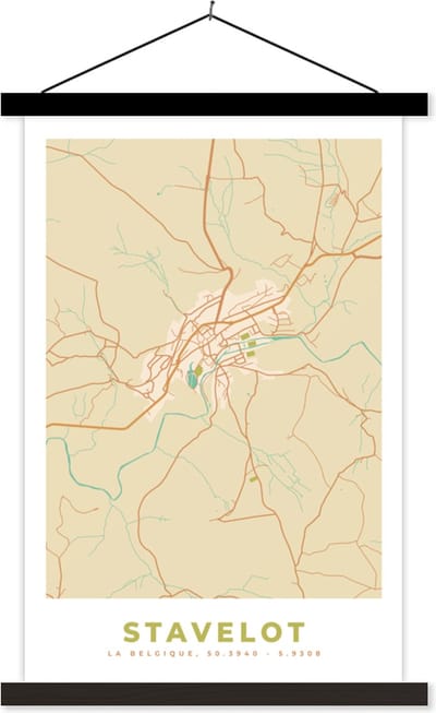 Posterhanger incl. Poster 40x60 cm - Schoolplaat - Stavelot - België - Kaart - Stadskaart - Plattegrond - Textielposter - Zwarte latten - Stadskaart