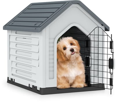COSTWAY Hondenhok voor buiten, weerbestendig hondenhuis met afsluitbare metalen deur, ventilatiesleuven, schuin dak, huisdierhuis voor kleine honden en katten, hondenkooi voor binnen (grijs)