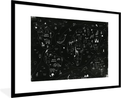 Wereldkaart - Kinderen - Zwart - Wit - Schoolplaat - Kinderkamer - 90x60 cm