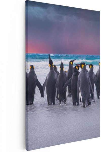 Artaza Canvas Schilderij Dieren - 20x30 cm - Klein - Wanddecoratie Zee - Muurdecoratie Pinguïns Strand - Kamer Accessoires