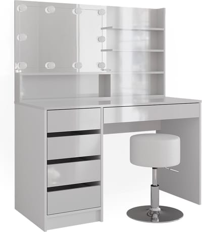 Vicco Sherry Kaptafel set met kruk – 120 cm met LED-verlichting, kruk en spiegelplank Wit