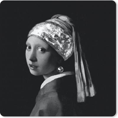 Muismat 20x20 cm - Mousepad Het meisje met de parel - Johannes Vermeer - Zwart - Wit - Muismatten