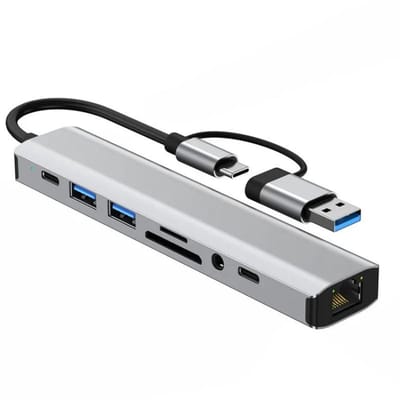 9-in-1 USB-C en USB-A Hub - RJ45 - USB 3.0 - SD en Micro SD - 3.5mm Audio - adapter dock - voor Laptop en Desktop - grijs