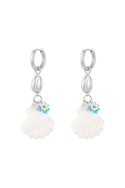Blauwe margriet oorbellen met schelpen - Strandcollectie - Zilver - Stainless Steel