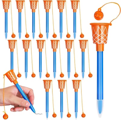 Set van 24 Basketball Balpennen met Ring - 5.5 Inch Blauwe Rollerbalpen met 0.7mm Fijne Punt voor Studenten, Kinderen en Kantooraccessoires voor Sportfeesten