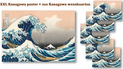 XXL Kanagawa poster + Zes kanagawa wenskaarten inclusief enveloppes - Hokusai - Formaat poster 84 x 120 cm - Formaat wenskaarten 10 x 15 cm
