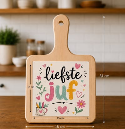 Kaasplank met Tegel Liefste Juf – Bedankcadeau voor de Juf – Houten Serveerplank 18x31 cm met Tegel 15x15 cm