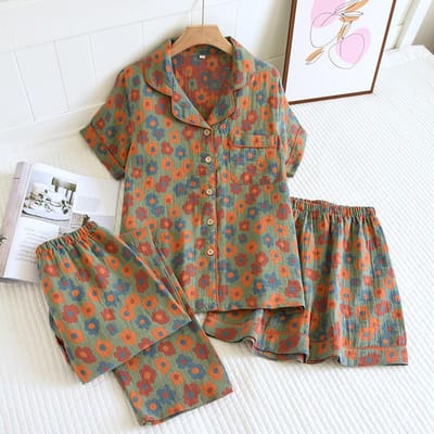 Lente/Zomer Pyjama Driedelige Set Dunne 100% Katoen Crêpe Dames Korte Mouwen + Shorts + Broek Omklapbare Kraag Thuispak Set M brown