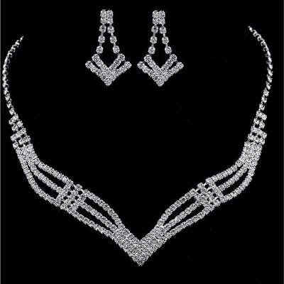 Bruiloft Accessoires, Modieuze V-vormige Volledig Diamant Zetting, Oorbellen, Ketting, Bruids Klauwketting, Twee-delige Sieraden.
