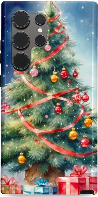 Casetastic hoesje geschikt voor Samsung Galaxy S24 Ultra - Dubbellaagse bescherming - Aquarel Kerstboom Cadeau - Fashion Case - Grijs Donkerblauw Saliegroen Beige