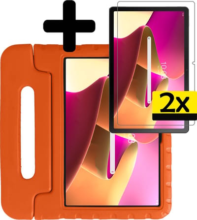 Hoes - Geschikt voor Lenovo Tab M10 Plus (3e / 3rd Generatie) - Met 2x Screenprotector - Kinderhoes Shockproof Bumper - Kidsproof Case - Tablet Hoesje - Kinder Cover - Oranje