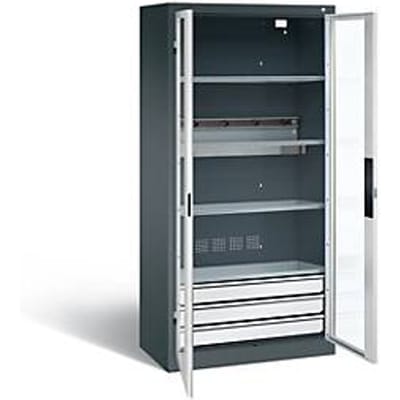 C+P Basis acculaadkast met kijkvenster van acrylglas, H 1950 x B 930 x D 500 mm, antraciet/lichtgrijs