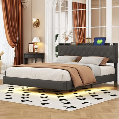 SINGULARITY-Gestoffeerd bed 160x200 cm- tweepersoonsbed in huidvriendelijke linnen stof met lattenbodem grijs- zonder matras
