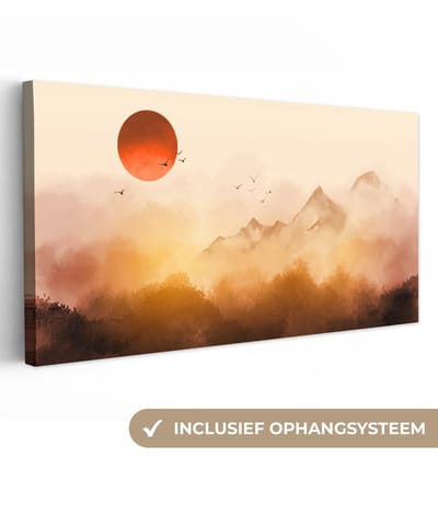 Canvas schilderij 40x20 cm - Wanddecoratie Schilderij - Vogel - Bergen - Zon - Olieverf - Muurdecoratie woonkamer - Slaapkamer decoratie - Kamer accessoires - Schilderijen op canvas
