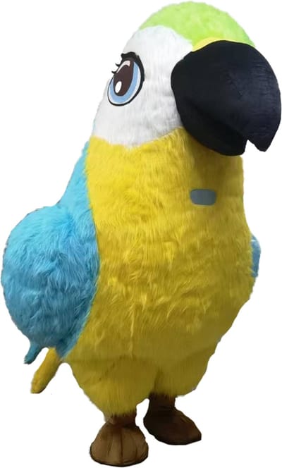 KIMU® Mega Opblaasbare Mascotte Papegaai Blauw Geel - 2.6 Meter Vogel Kostuum Opblaasbaar Pak - Groot Vogelpak Opblaaspak - Opblaas Ara Paradijsvogel Festival