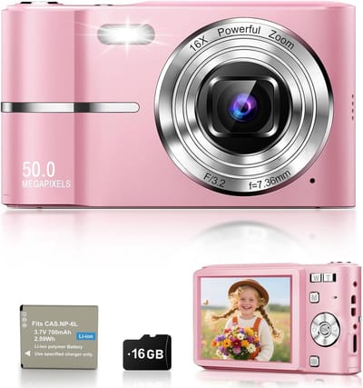 Camera-Digitale Camera 1080P - 50MP Compactcamera voor Vloggen en Fotografie - 16x Digitale Zoom - Inclusief 16GB Geheugenkaart - Geschikt voor Kinderen en Studenten - Roze