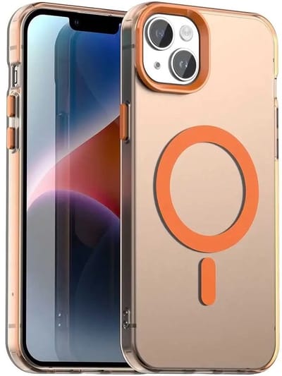MagSafe Compatibel Backcover Hoesje Geschikt voor Apple iPhone 15 Plus / 14 Plus - Oranje & Semi-Transparant Design - Stijlvol & Goede Bescherming