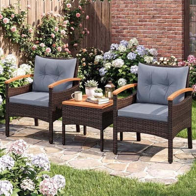 Balkonmeubelset 2-delig Rotan met Acaciahout en Kussens – Luxe Loungeset met 2 Stoelen, 2 Krukken en Tafel, Weerbestendige Tuinset voor Balkon/Terras/Tuin – grijis– Urbanhome