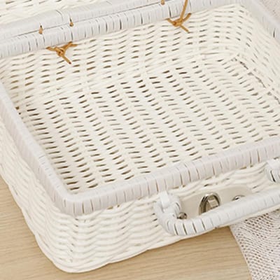 Geweven Picknickmand Plastic Rotan Geurloos Retro Geweven Opbergmand met Ringvormig Handvat voor Buiten Wit M wit