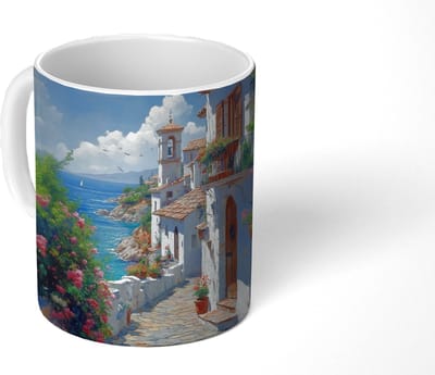Mok - Koffiemok - Huizen - Zee - Bomen - Bloemen - Mokken - 350 ML - Beker - Koffiemokken - Theemok
